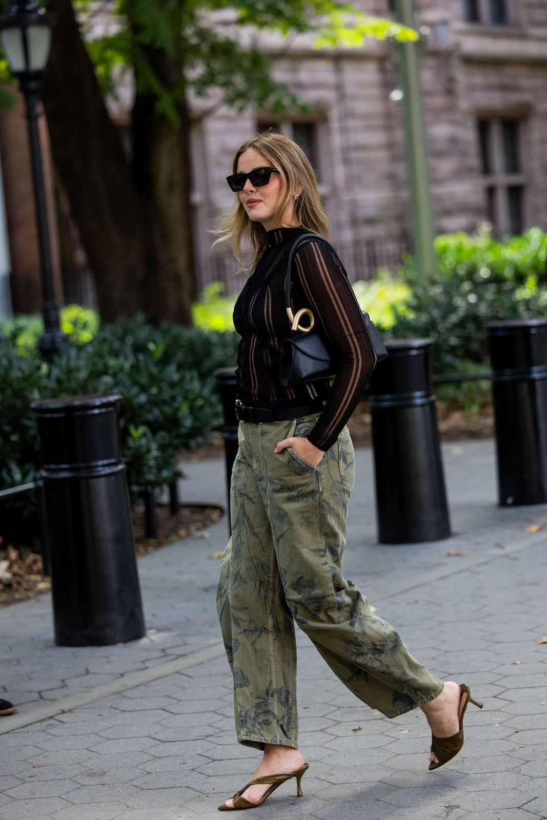Patterned Olive Green Cargo Pants with Sheer Top — Chic Green Cargo Pants Outfit