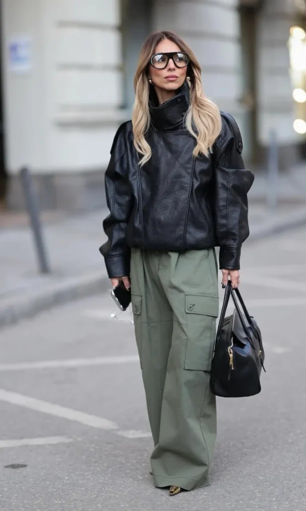Olive Green Cargo Pants with a Black Leather Jacket — Chic Green Cargo Pants Outfit