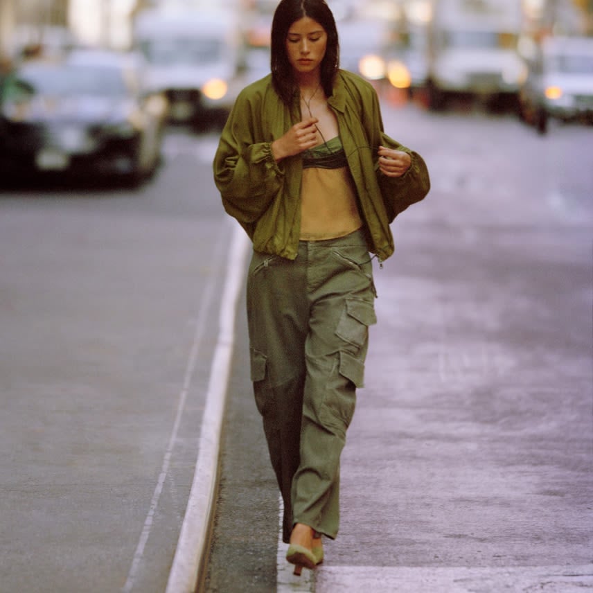Wide Leg Green Cargo Trousers with Bomber Jacket — Chic Green Cargo Pants Outfit