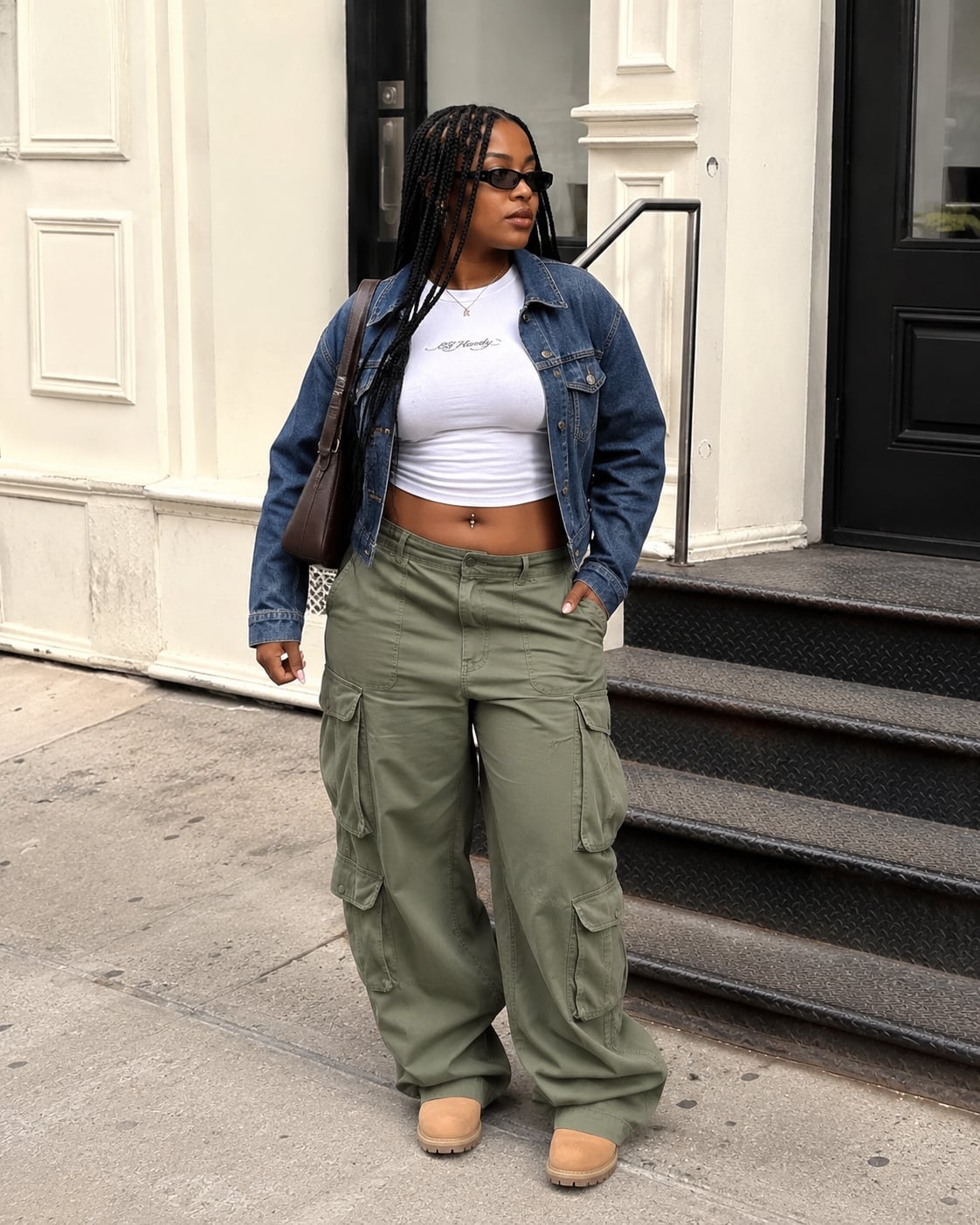 Oversized Olive Green Cargo Pants with Denim Jacket and Wide Leg — Chic Green Cargo Pants Outfit
