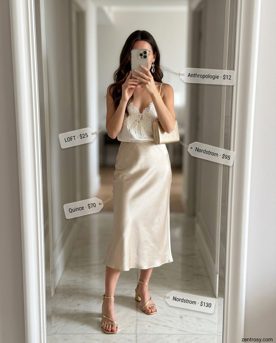 Chic Italian summer outfit: Champagne slip skirt, ivory camisole, gold sandals for dinner.