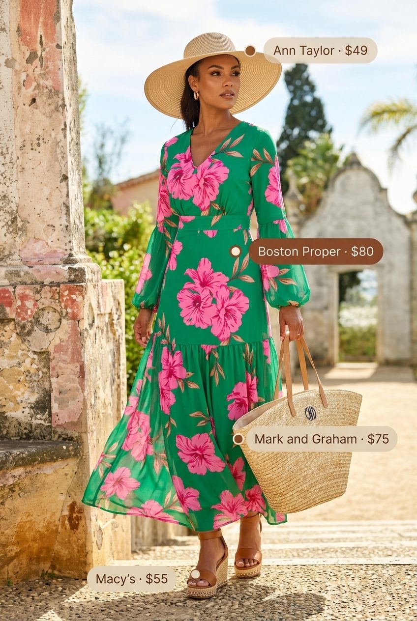 Chic Italian summer outfit: Floral maxi dress, espadrilles, straw hat, and tote for beachside dinner.