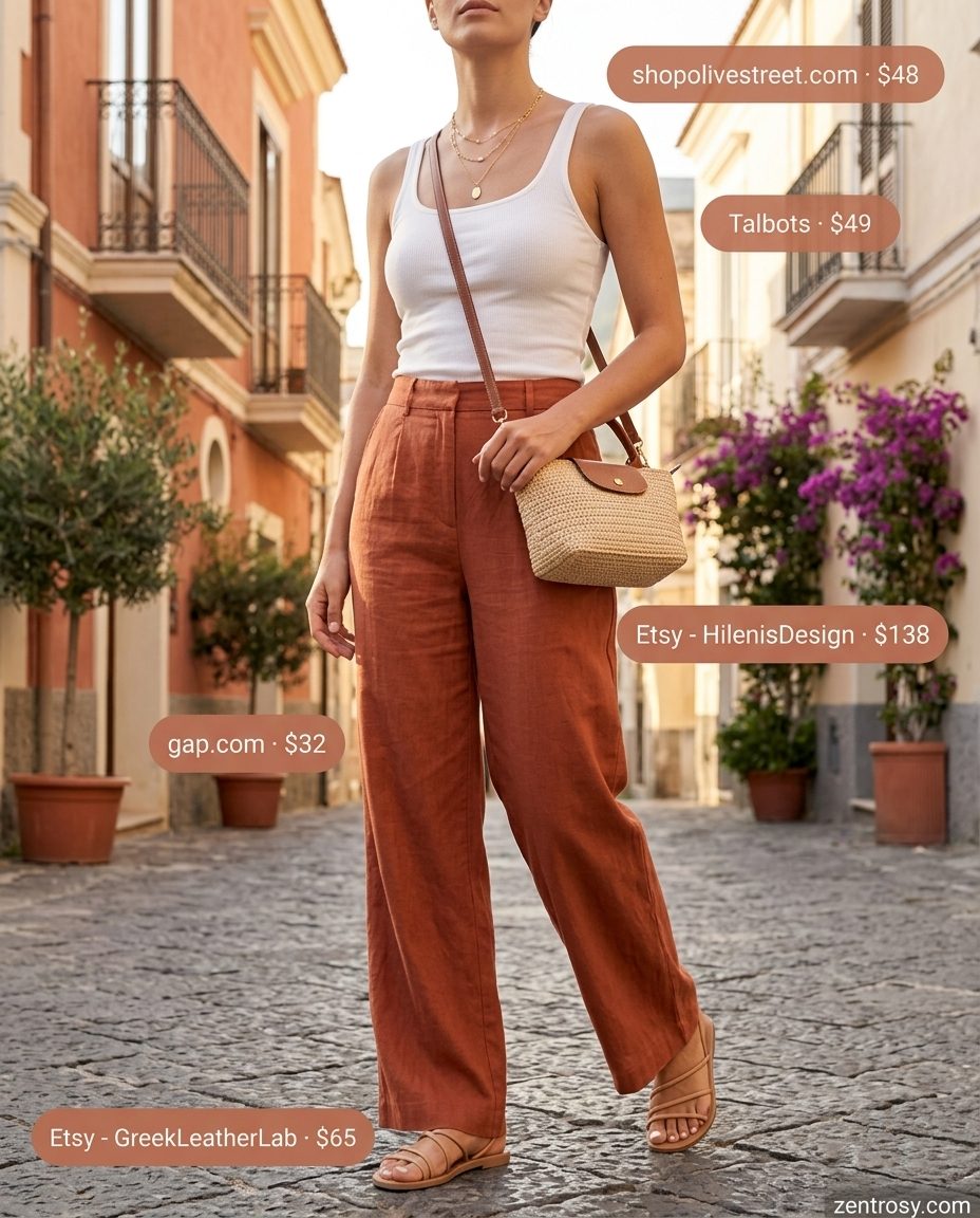 Chic Italian summer outfit: Terracotta linen pants, white tank, gold necklaces, straw bag, leather sandals.
