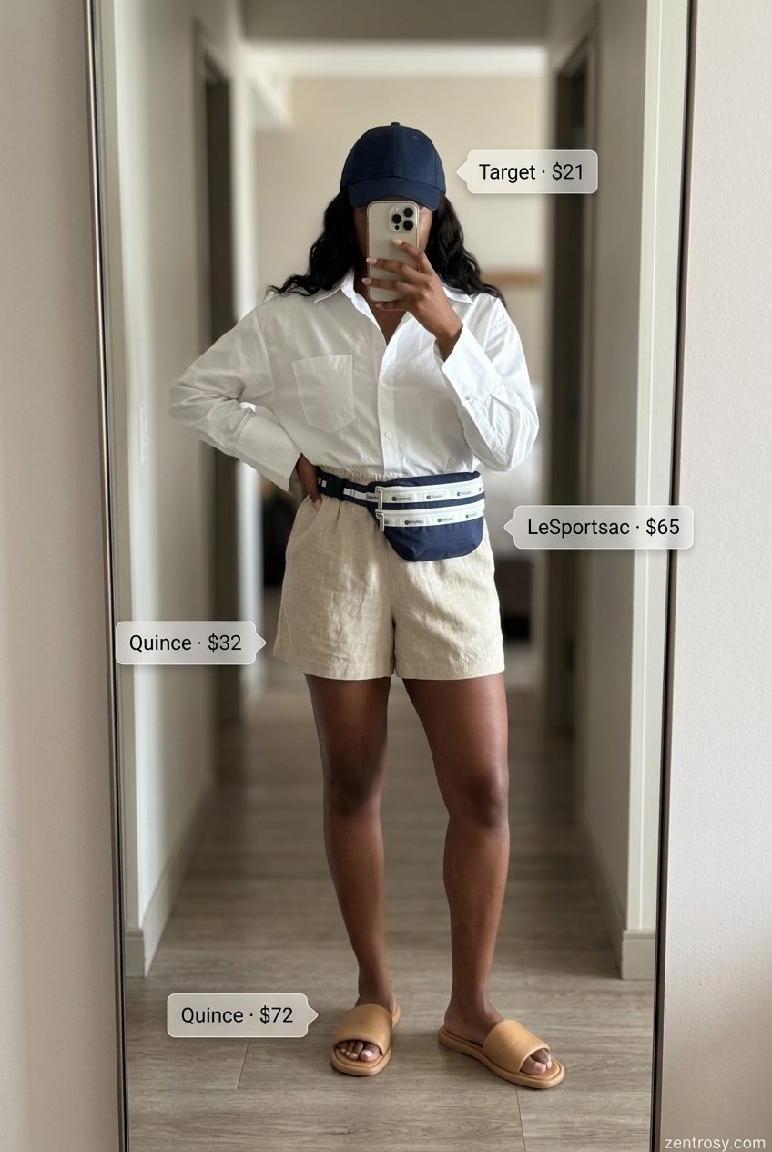 Chic Italian summer outfits for women 2026: White linen shorts, oversized shirt, navy cap, canvas belt bag, leather slides for coastal walk.