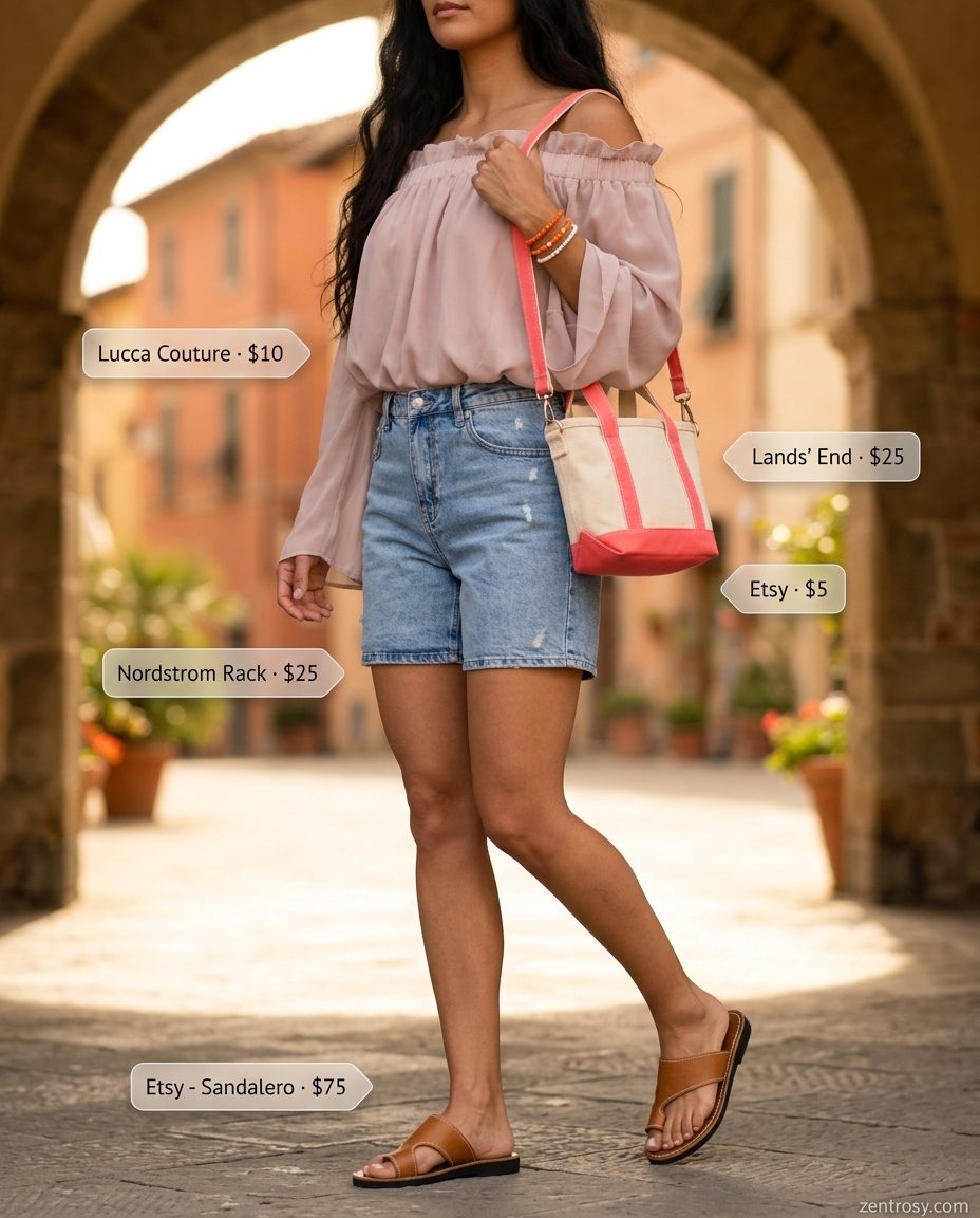 Chic Italian summer outfits for women 2026: White off-shoulder top, light wash denim shorts, tan sandals, canvas tote, beaded bracelet.
