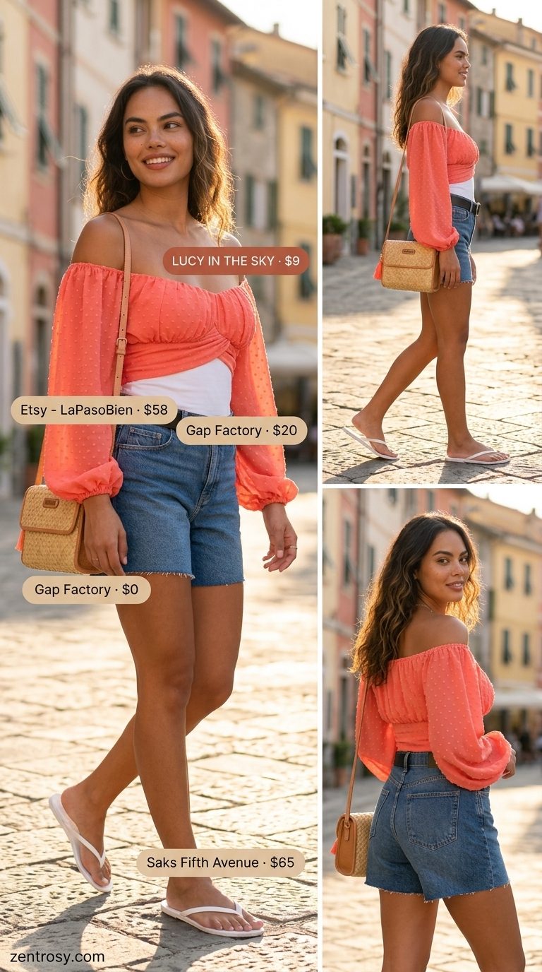 Chic Italian summer outfits for women 2026: Coral off-shoulder top, denim shorts, leather sandals, straw bag for coastal exploration.