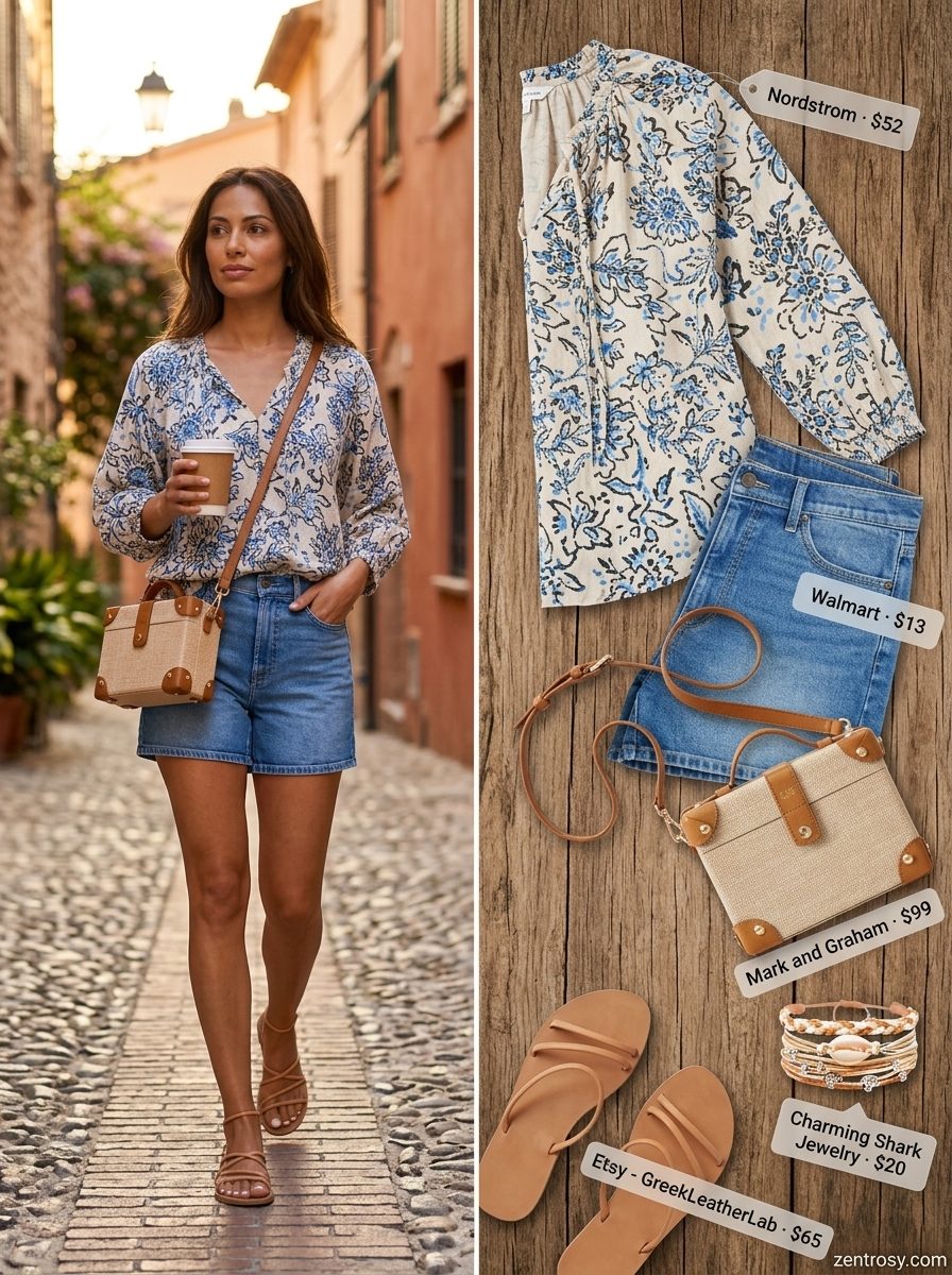 Chic Italian summer outfits for women 2026: Blue floral peasant top, denim shorts, tan sandals, shell bracelets, raffia bag.