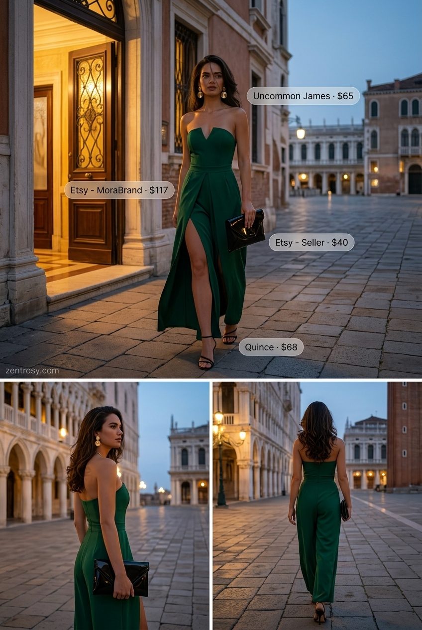 Chic Italian summer outfits for women 2026: Emerald green wide-leg jumpsuit, gold earrings, black clutch and sandals for evening.