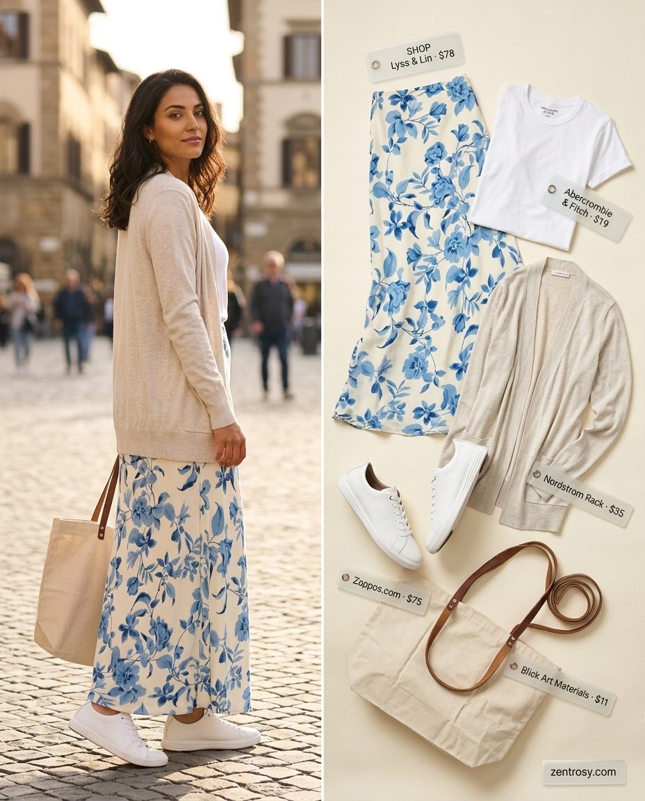 Chic Italian summer outfits for women 2026: Blue print midi skirt, white tee, beige knit cardigan, white sneakers, canvas tote.