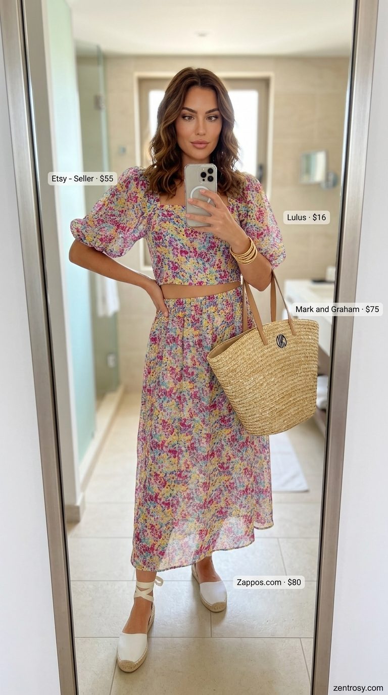 Chic Italian summer outfits for women 2026: Coral floral crop top & midi skirt set, espadrilles, straw tote for market day.