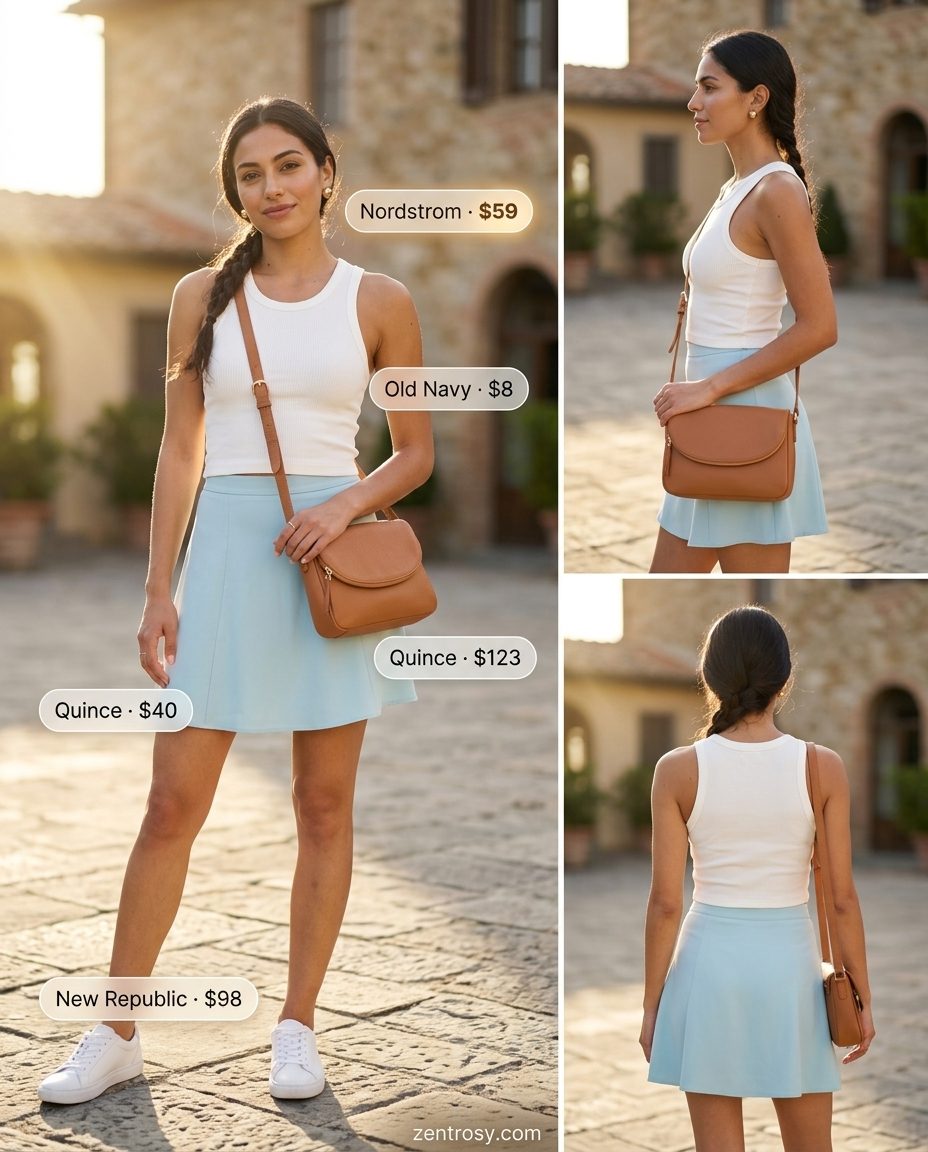 Chic Italian summer outfits for women 2026: Pastel blue mini skirt, white tank, white sneakers, crossbody bag for a picnic.