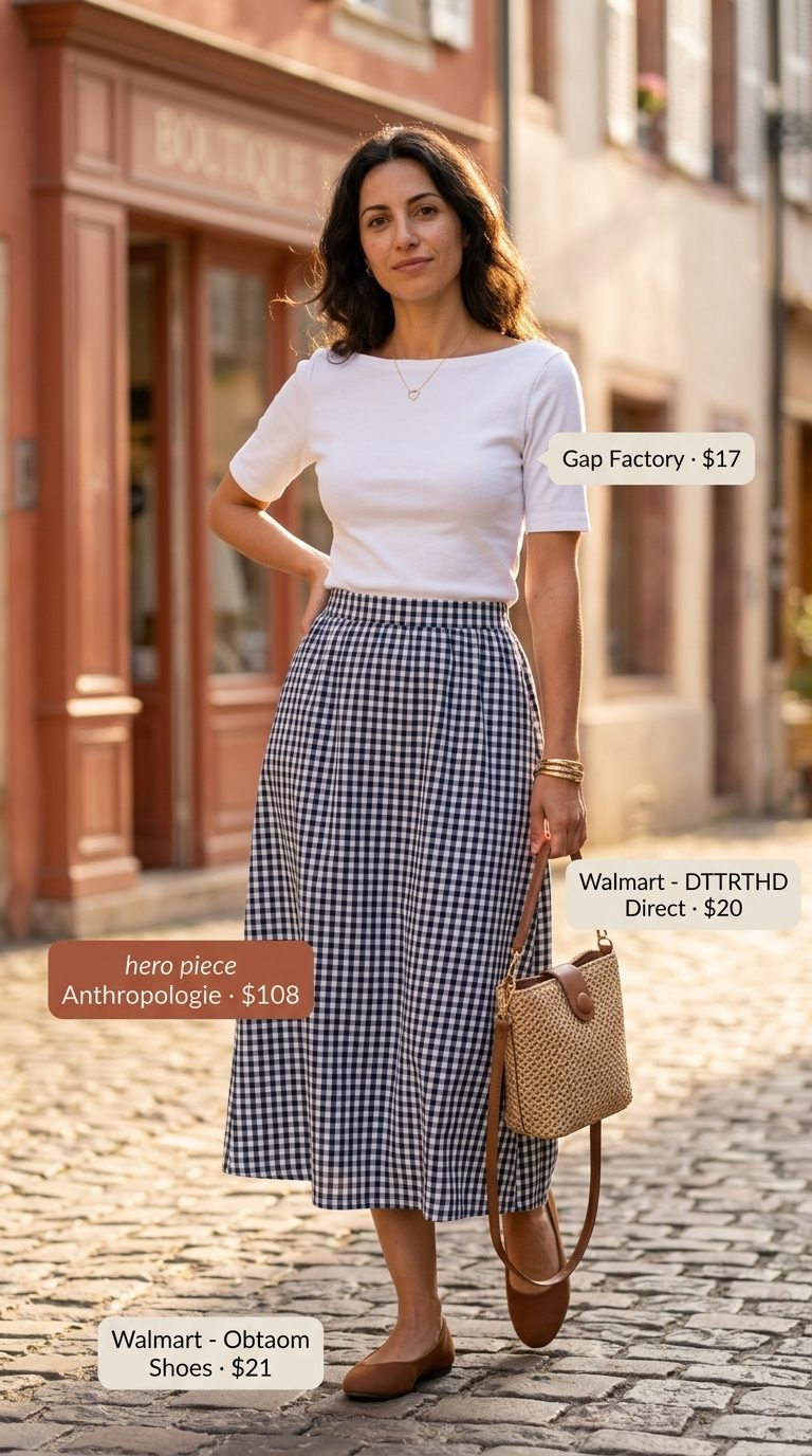 Chic Italian summer outfit: Blue gingham midi skirt, white knit top, straw bag, and tan flats for a picnic.