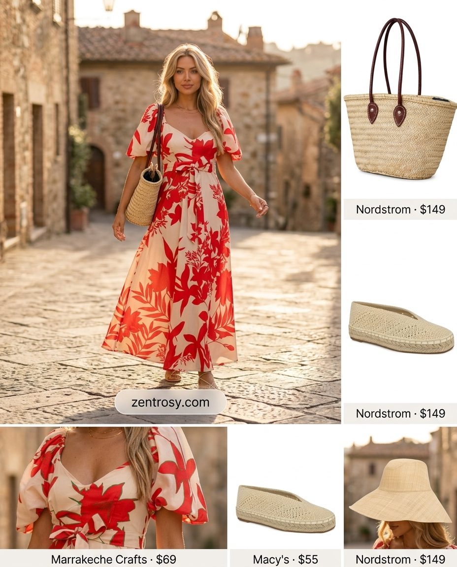Chic Italian summer outfits for women 2026: Red floral midi dress, straw hat, espadrilles, straw tote bag.