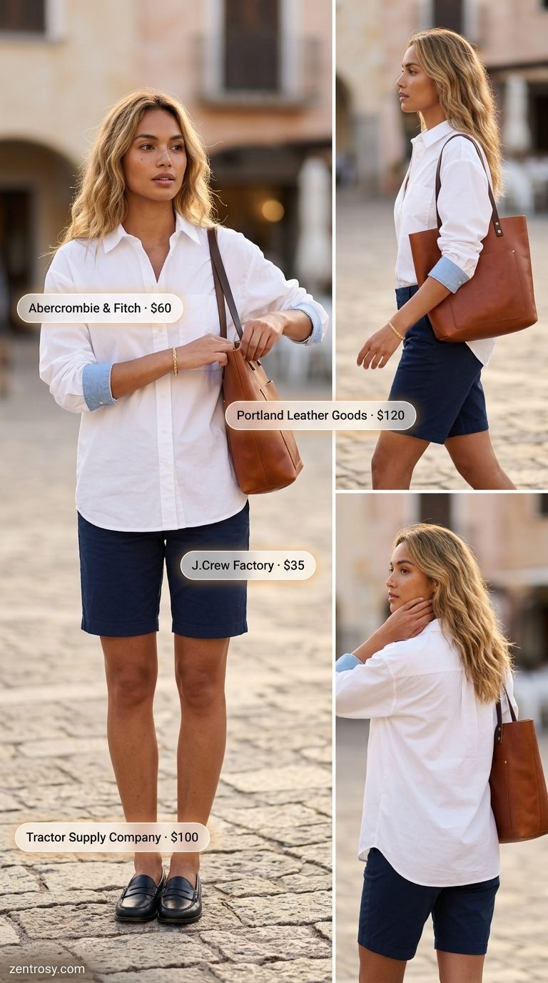 Chic Italian summer outfits for women 2026: White oversized shirt, navy Bermuda shorts, gold bracelet, leather loafers, structured tote.