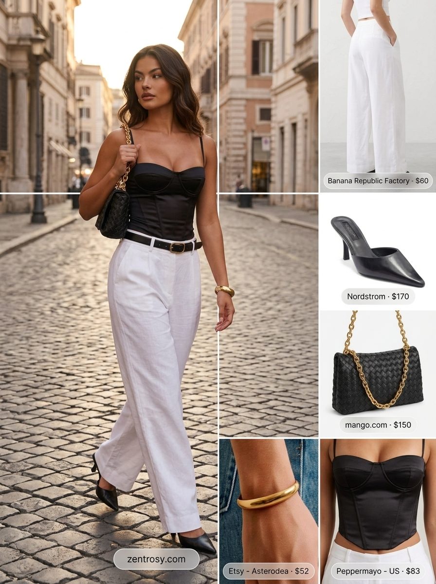 Chic Italian summer outfit: White tailored trousers, black corset top, gold cuff, and black mules for evening aperitivo.