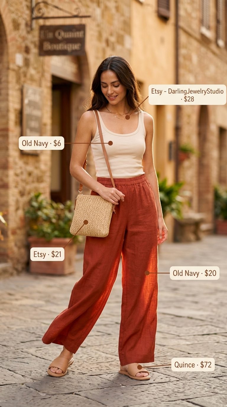 Chic Italian summer outfit: Terracotta linen pants, cream tank, gold necklace, straw bag, leather slides.