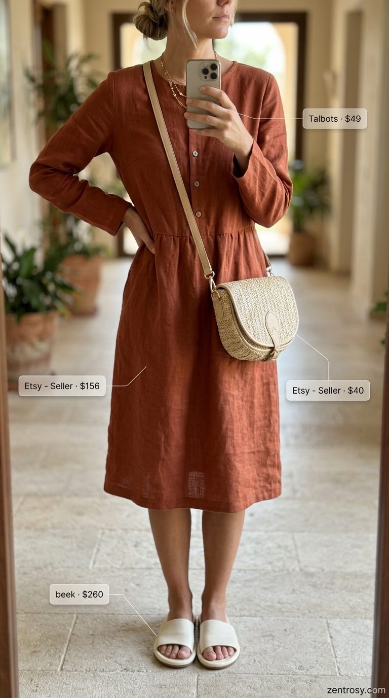 Chic Italian summer outfits for women 2026: Terracotta linen midi dress, cream slides, straw bag, gold necklaces for a Tuscan lunch.
