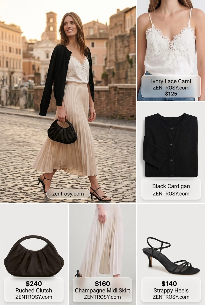 Chic Italian summer outfits for women 2026: Champagne satin slip skirt, ivory camisole, black cardigan, heeled sandals for evening.