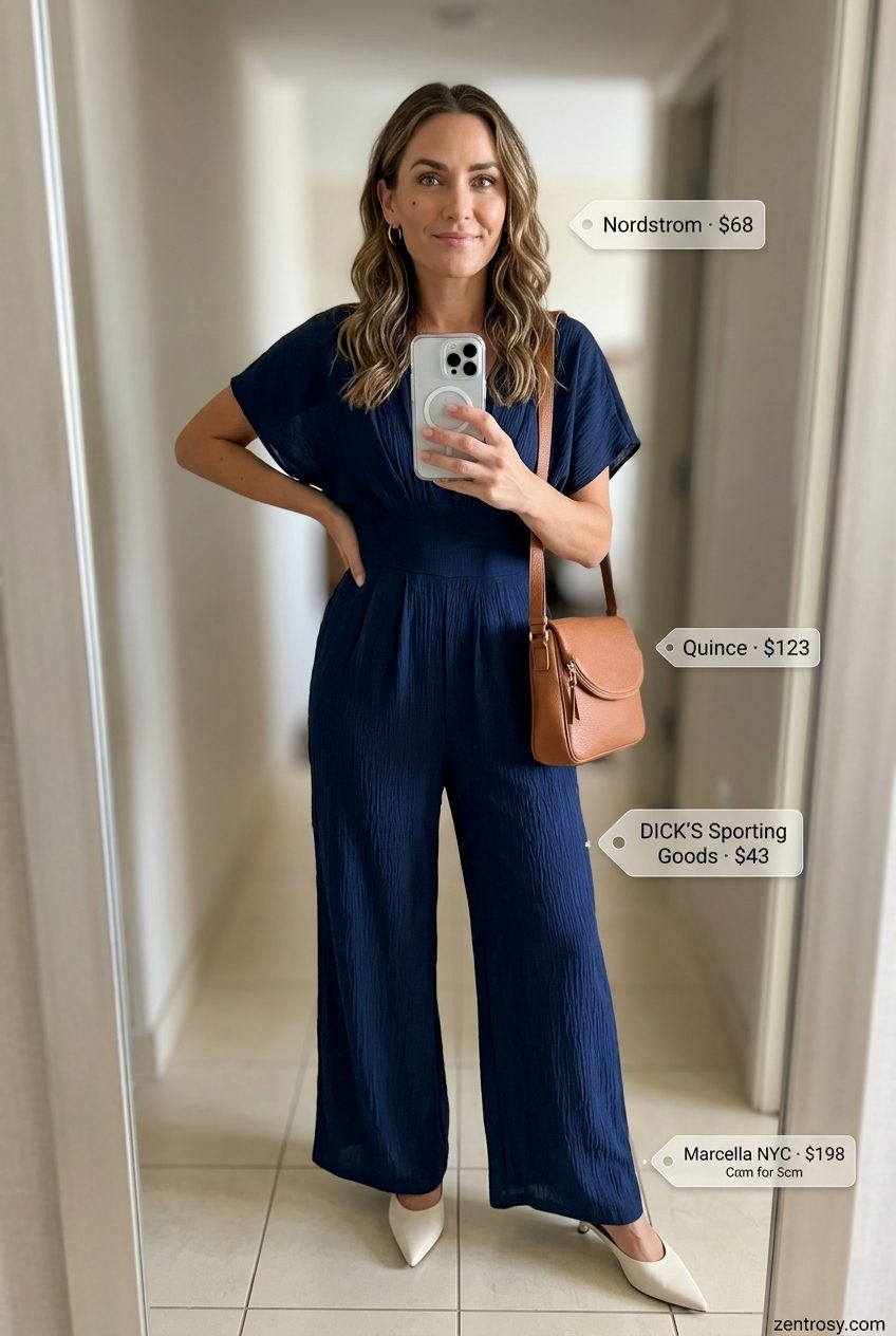 Chic Italian summer outfits for women 2026: Navy wide-leg jumpsuit, cream mules, gold hoops, structured crossbody bag.