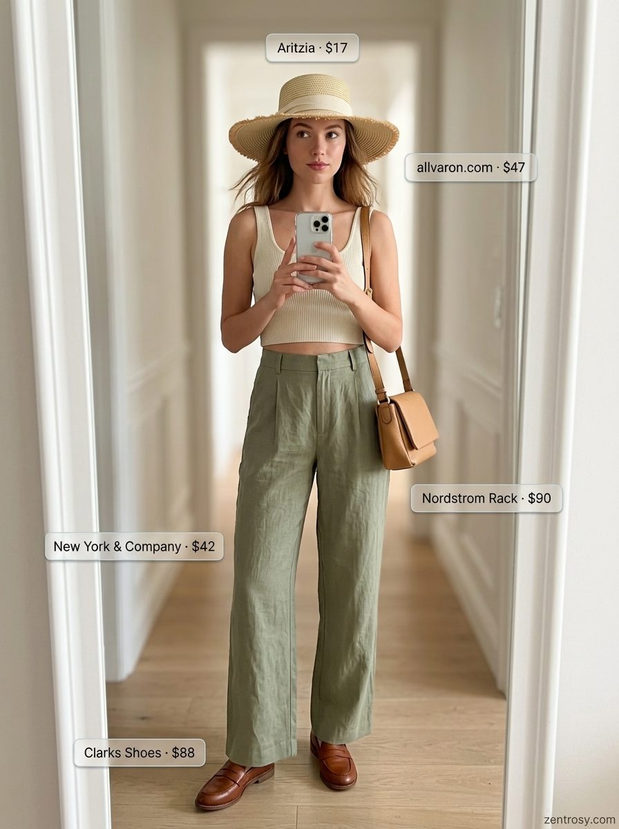 Chic Italian summer outfits for women 2026: Olive green linen trousers, cream knit top, straw hat, leather loafers for vineyard visit.