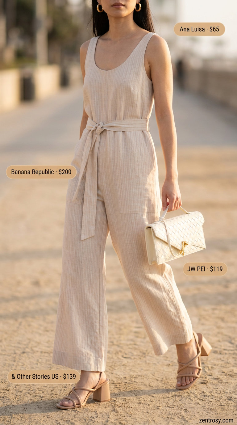 Chic monochrome summer outfits for women 2026: Beige linen jumpsuit with gold accessories. Chic and comfortable for travel.