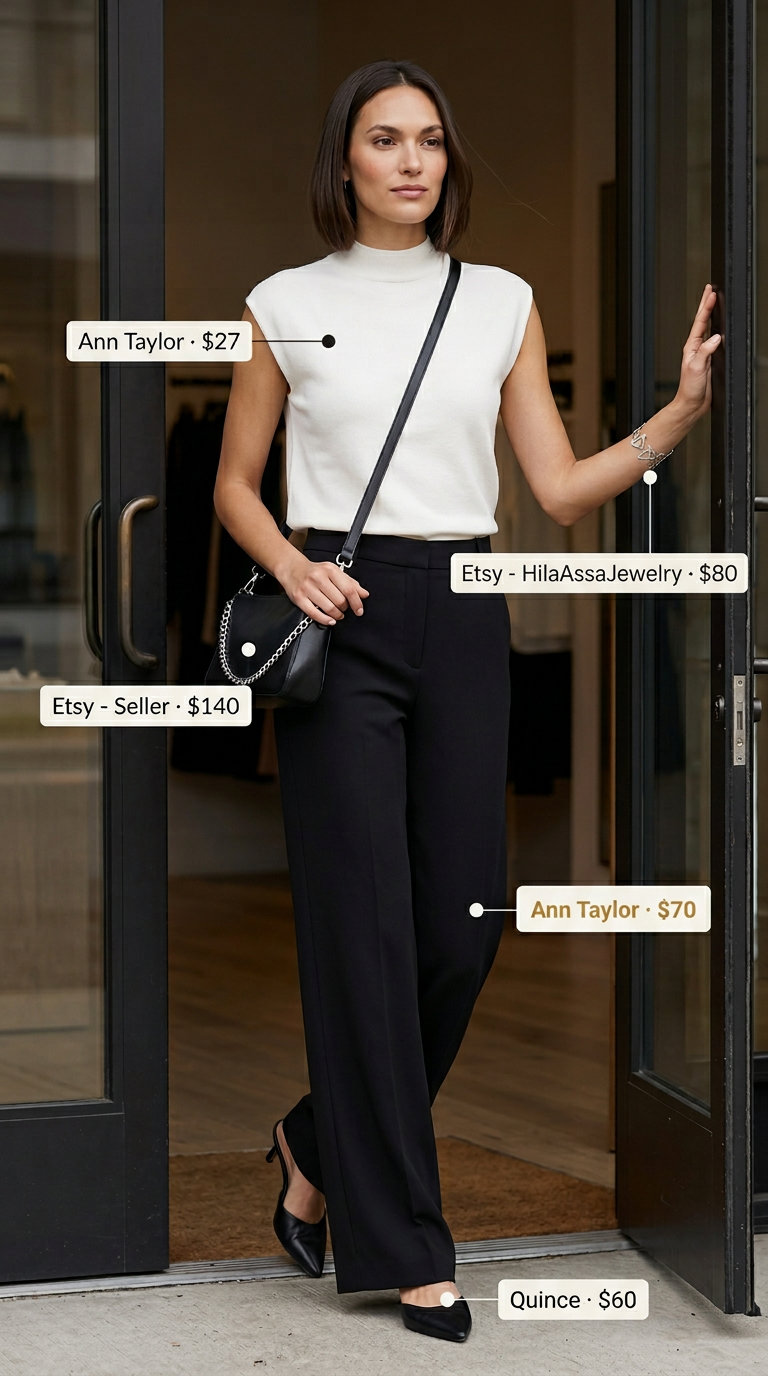 Sophisticated black wide-leg trousers and white top for women 2026, ideal for city exploration.