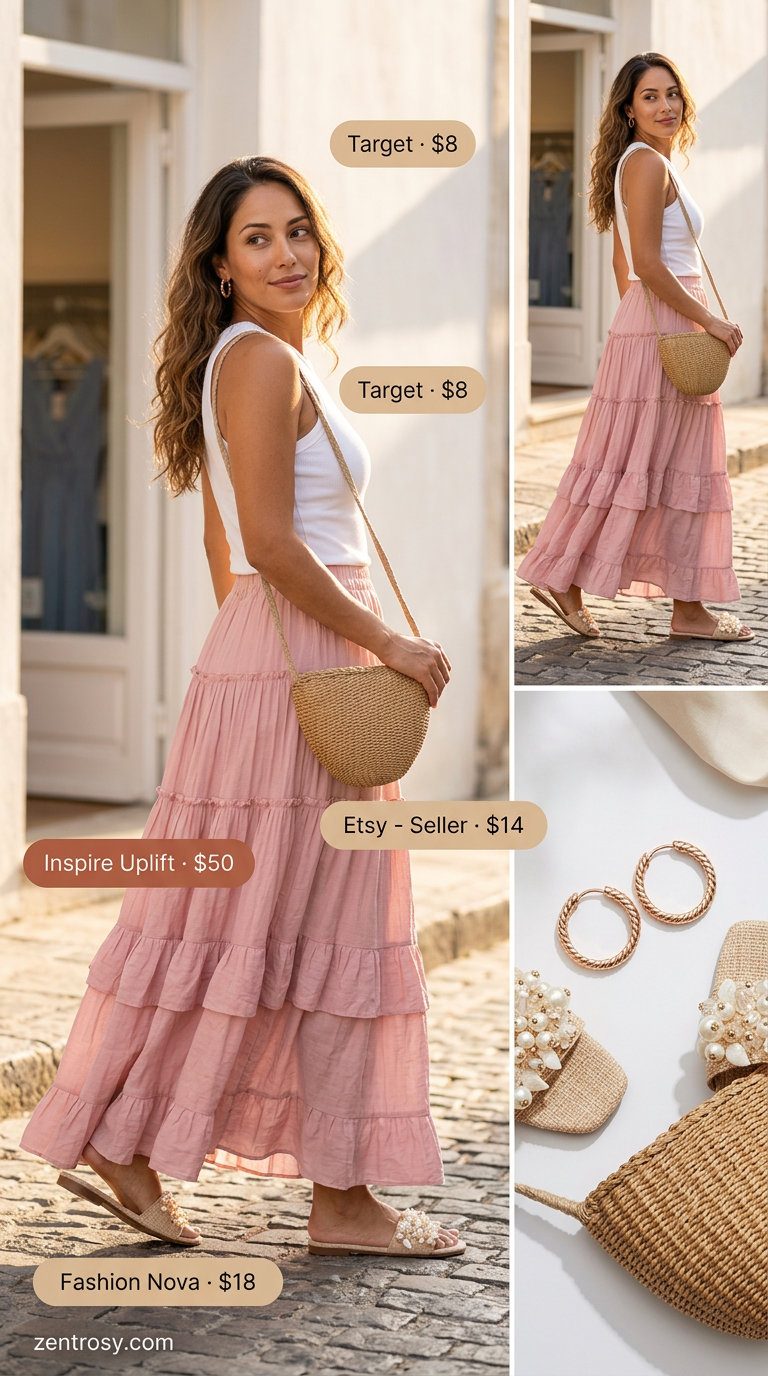 Chic monochrome summer outfit for women 2026: Blush pink maxi skirt, white tank, and gold accessories for a romantic event.