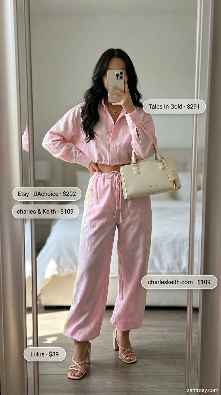 Chic monochrome blush pink linen pants set for women 2026, perfect for summer evenings and date nights.
