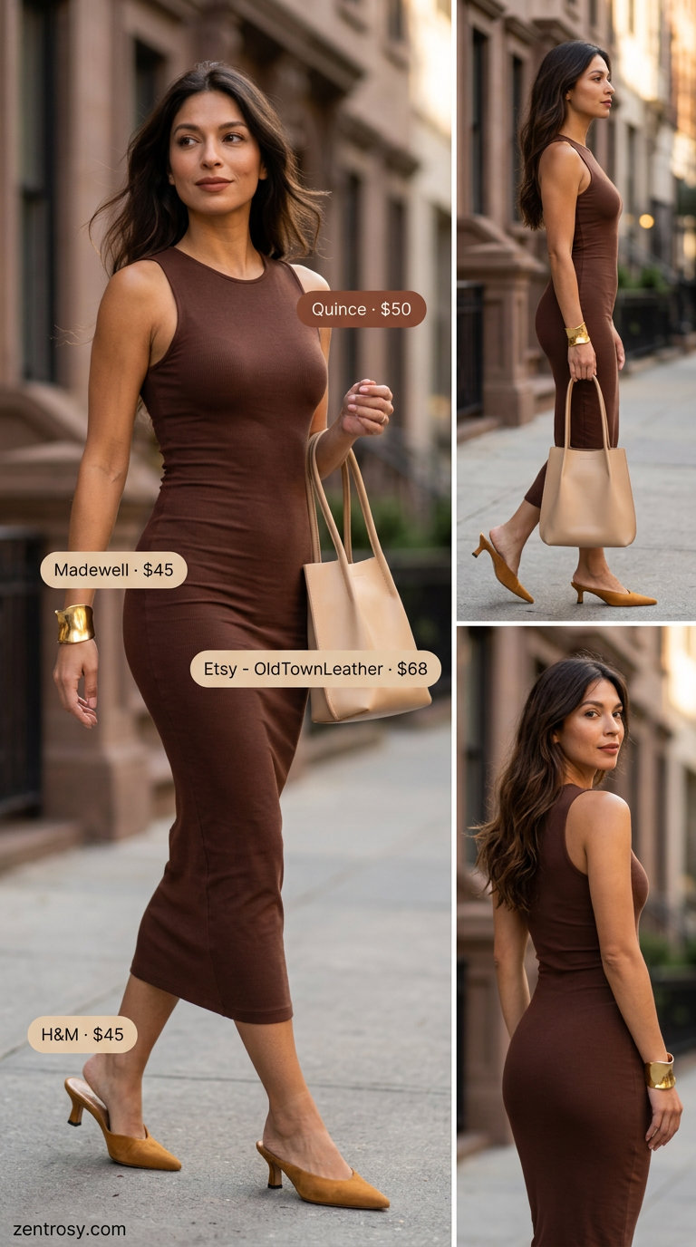 Chic monochrome summer outfits for women 2026: Chocolate brown knit dress with beige mules. Sleek for day to night.