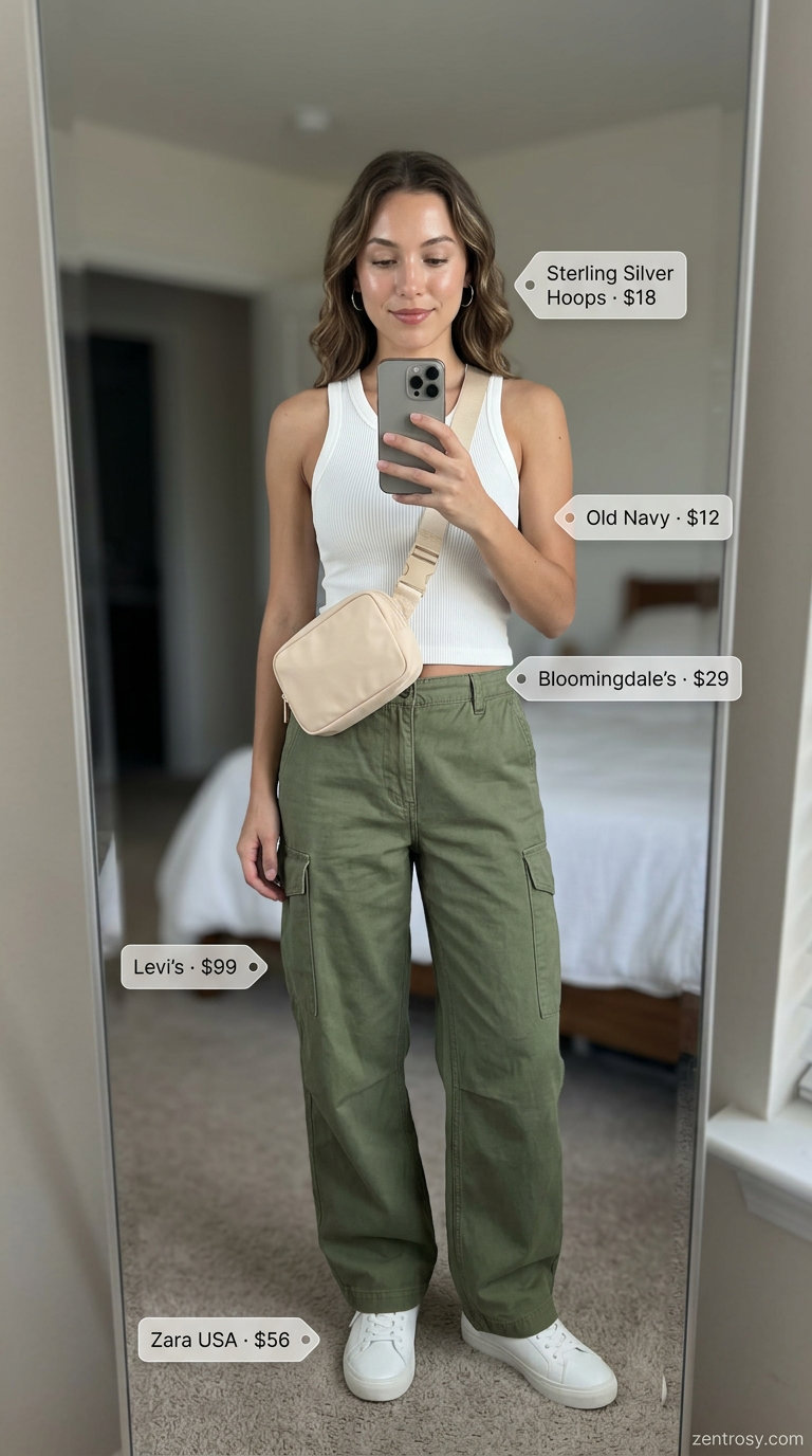 Trendy olive green cargo pants and white tank top for women 2026, great for casual daytime outings.