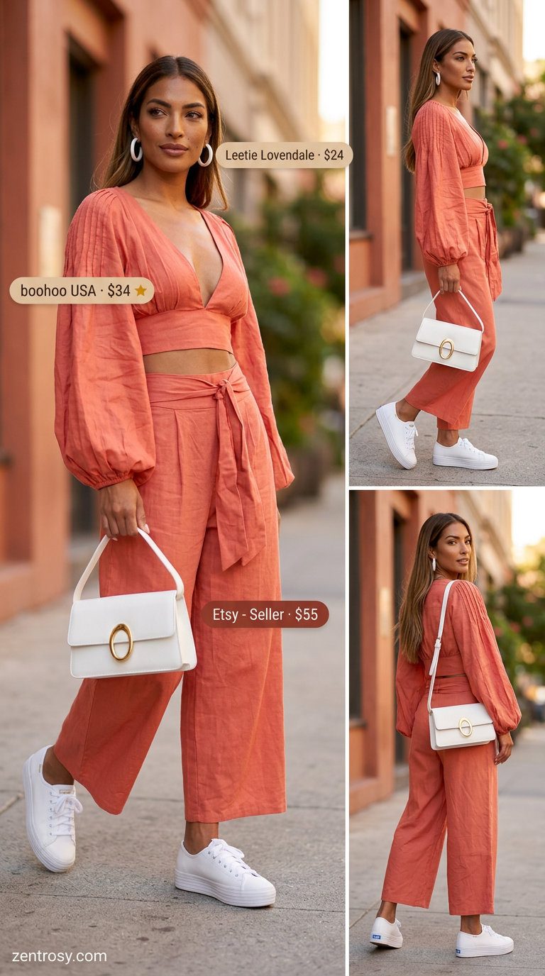 Chic monochrome summer outfits for women 2026: Coral linen set with white accessories. Bold and playful for parties.