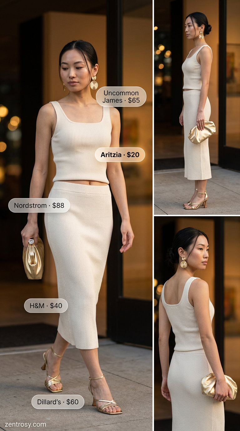 Chic monochrome summer outfits for women 2026: Cream knit top and midi skirt with gold heels. Elegant for evening.