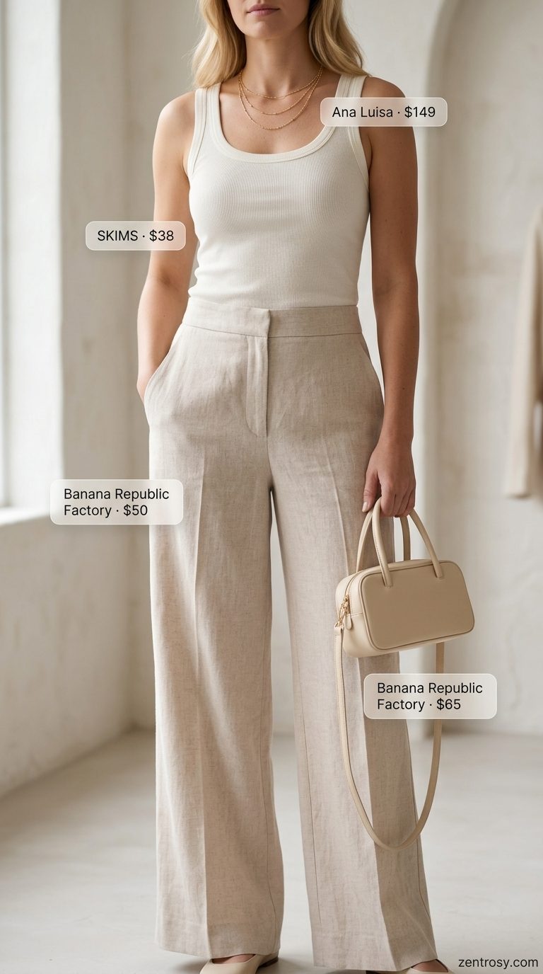 Chic monochrome summer outfits for women 2026: Cream linen pants, off-white tank, and beige bag for a minimalist casual look.