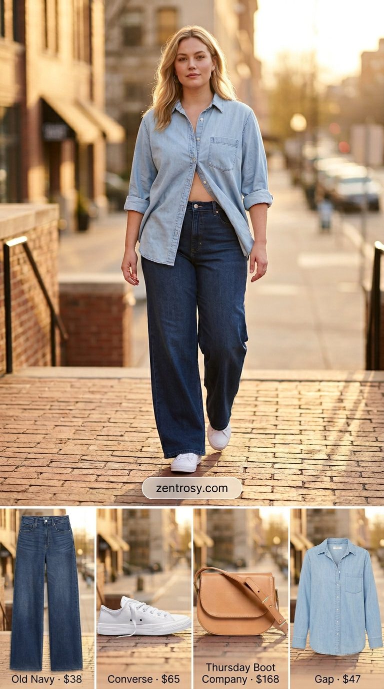 Chic monochrome summer outfits for women 2026: Denim wide-leg jeans with matching shirt and white sneakers. Casual cool.