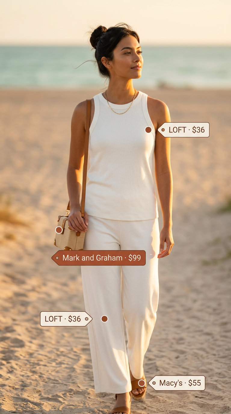 Chic monochrome summer outfits for women 2026: Ivory knit set, tan espadrilles, and raffia bag for a relaxed beachside look.