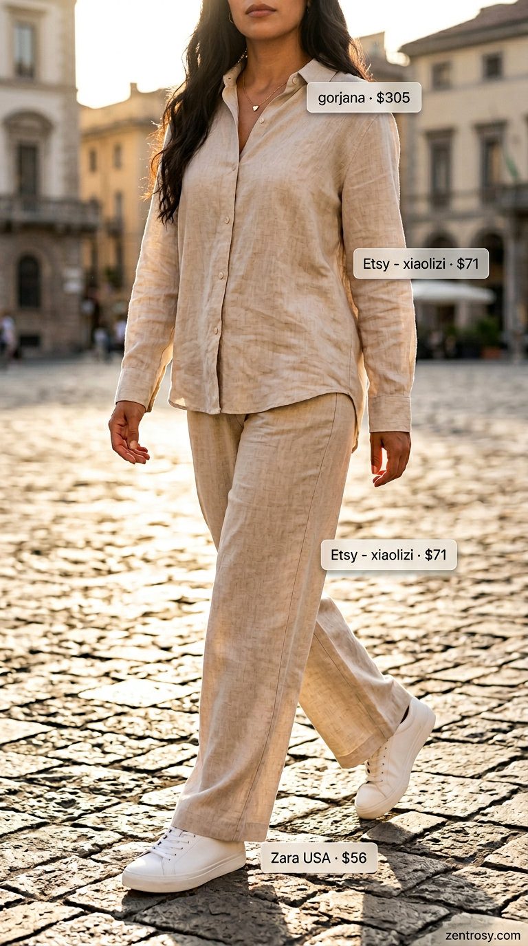 Chic monochrome summer outfits for women 2026: Light beige linen set, white sneakers, and gold necklace for a relaxed travel look.