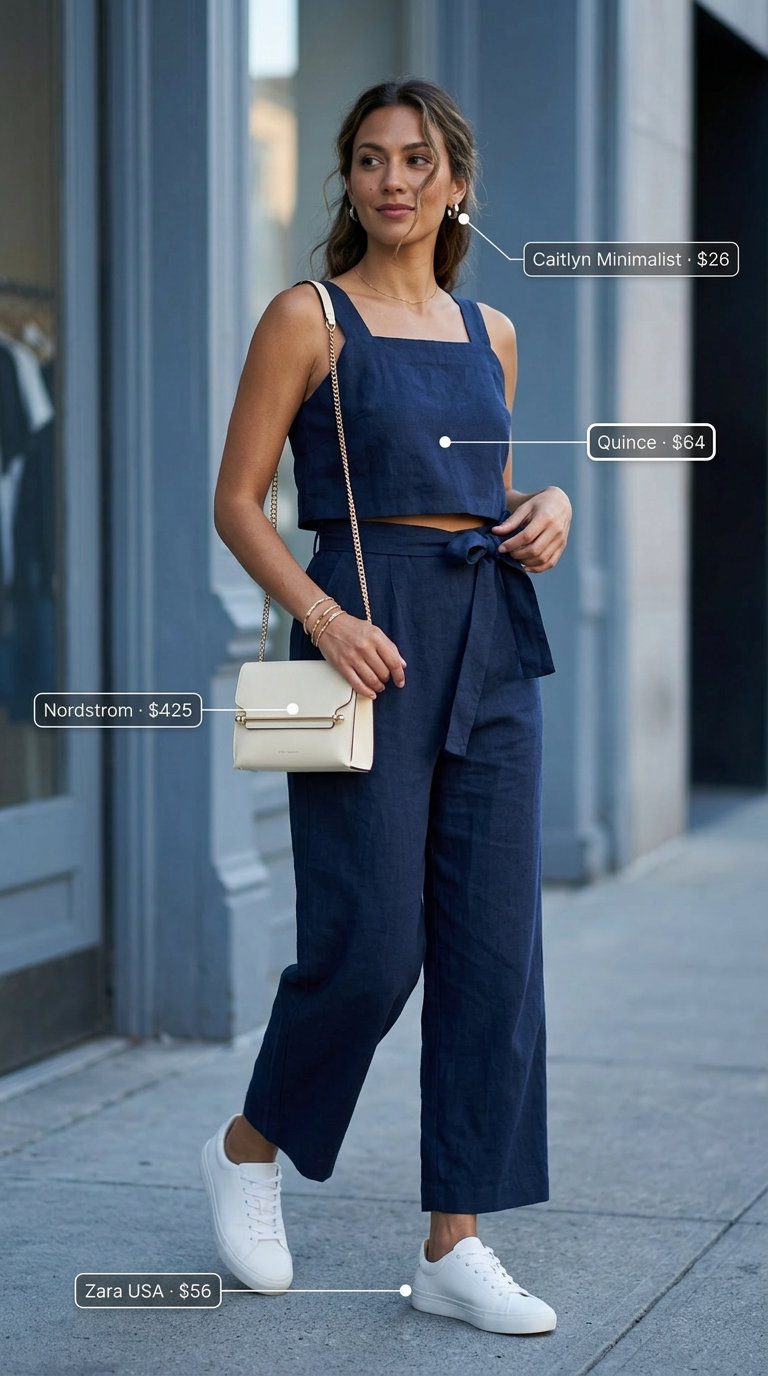 Chic monochrome summer outfits for women 2026: Navy linen jumpsuit, white sneakers, and silver earrings for a sophisticated travel look.