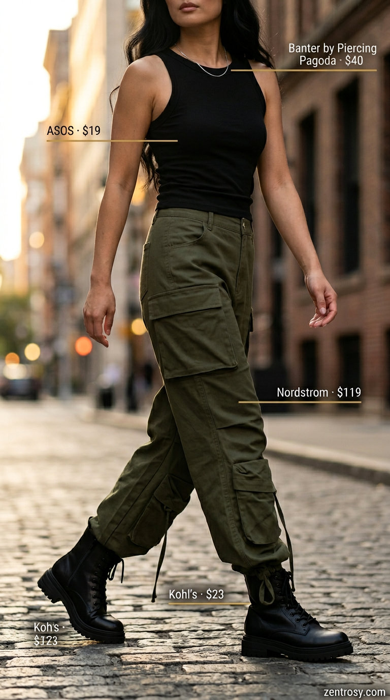 Chic monochrome summer outfits for women 2026: Olive green cargo pants, black tank, and combat boots for an edgy casual look.