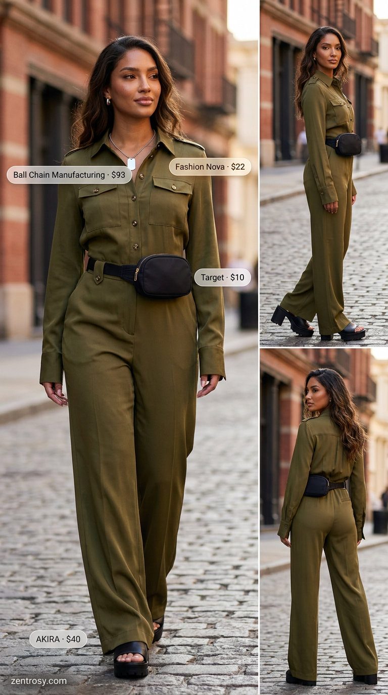 Chic monochrome summer outfits for women 2026: Olive green utility jumpsuit with black accessories. Great for weekend wear.