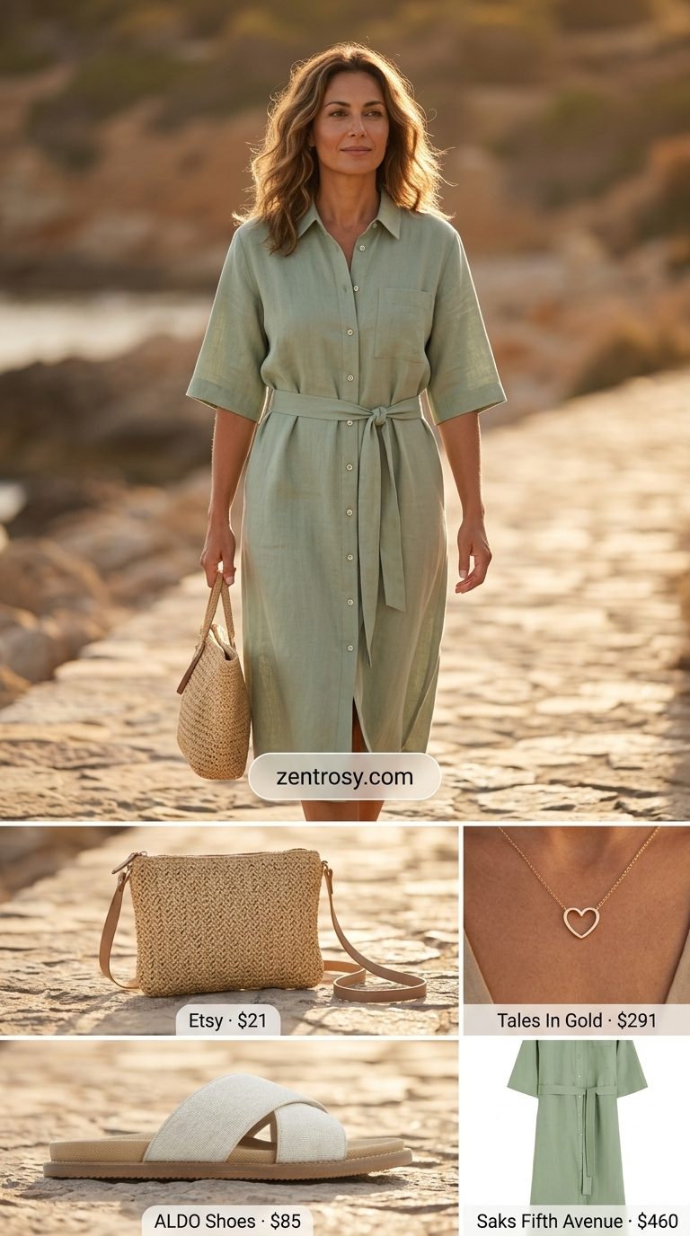 Minimalist sage green linen midi dress for women 2026, ideal for casual summer days and vacations.