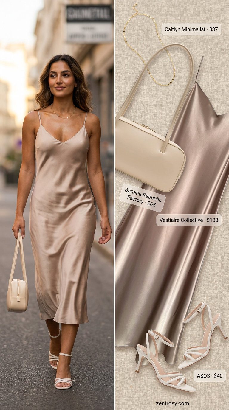 Glamorous champagne satin slip dress for women 2026, ideal for summer evenings and cocktail parties.