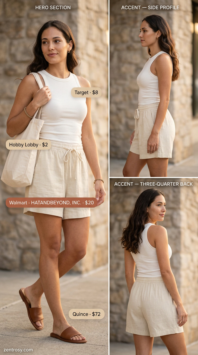 Casual taupe linen shorts and white tank top for women 2026, perfect for weekend relaxation.