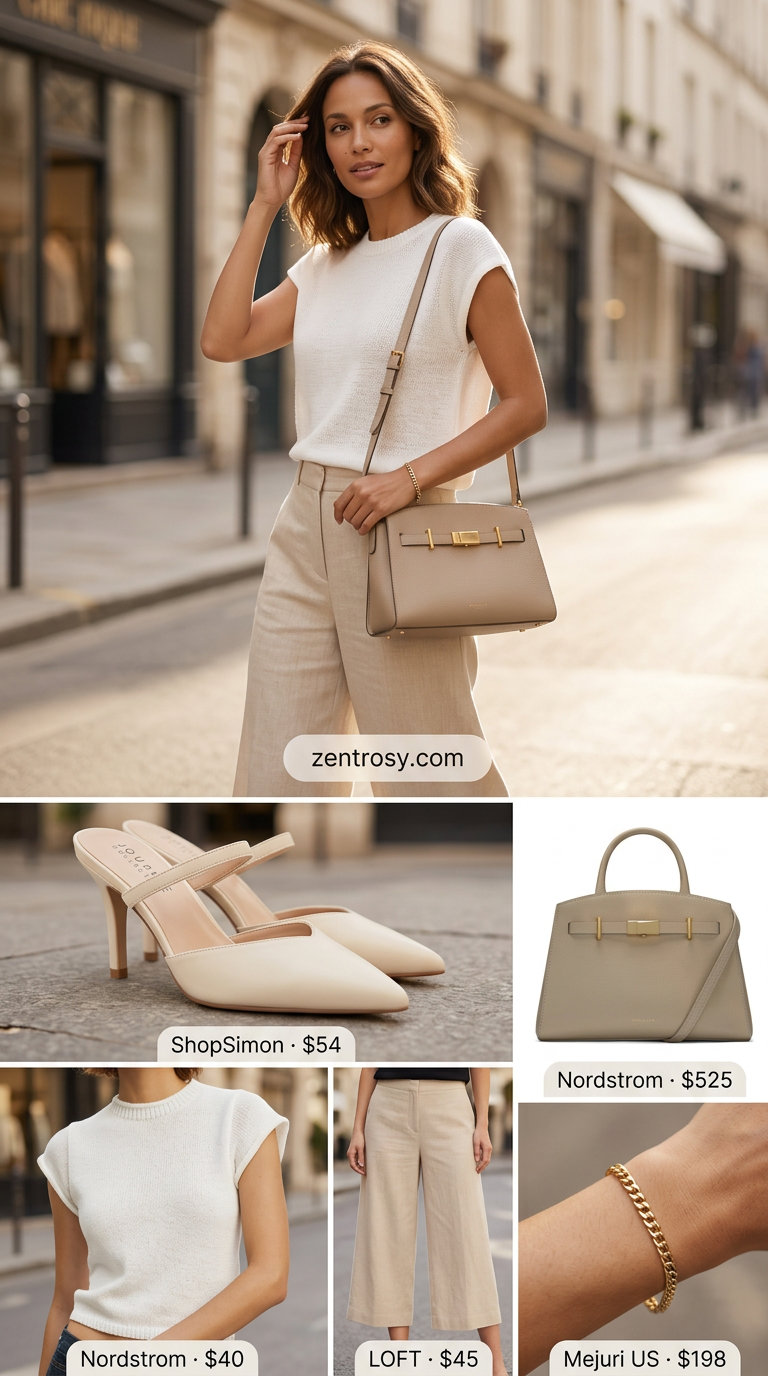 Chic monochrome summer outfits for women 2026: White culottes with beige knit top and mules. Polished for office or travel.