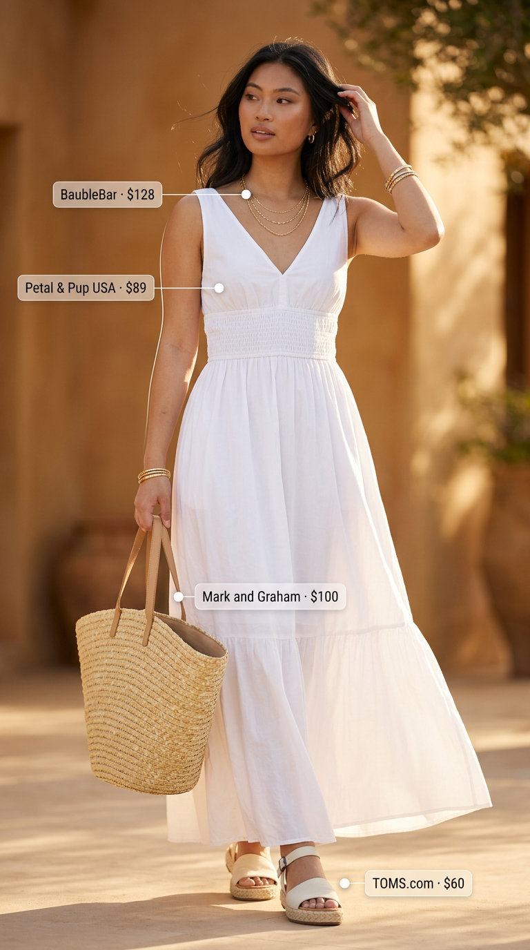 Chic monochrome summer outfits for women 2026: White maxi dress with natural beige espadrilles and straw tote. Ethereal.