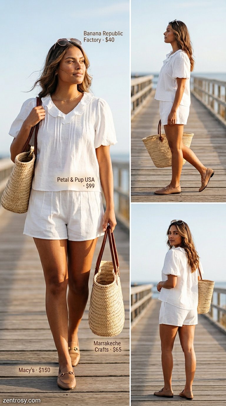 Polished white shorts and shirt set for women 2026, perfect for casual day outs and vacations.