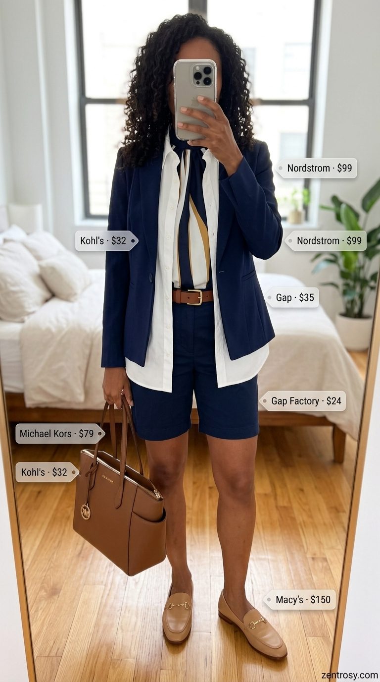 Chic NYC Summer Outfits for Women 2026: Brunch & Stroll Chic NYC summer outfit for women 2026: Navy Bermuda shorts, white button-down, and tan loafers for brunch.
