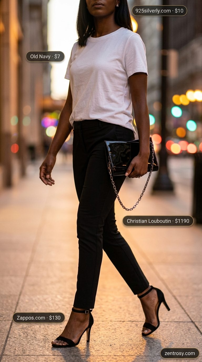 Chic NYC Summer Outfits 2026: Sophisticated Set Chic NYC summer outfits for women 2026: Black shorts set, white camisole, and silver jewelry for a dinner party.