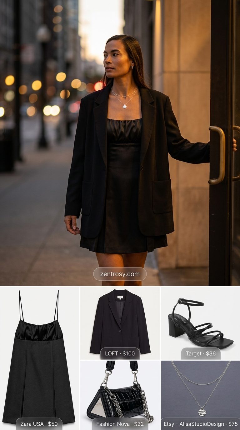 Chic NYC Summer Outfits 2026: Sleek Slip Dress Chic NYC summer outfits for women 2026: Black slip dress, oversized blazer, and silver jewelry for a night out.