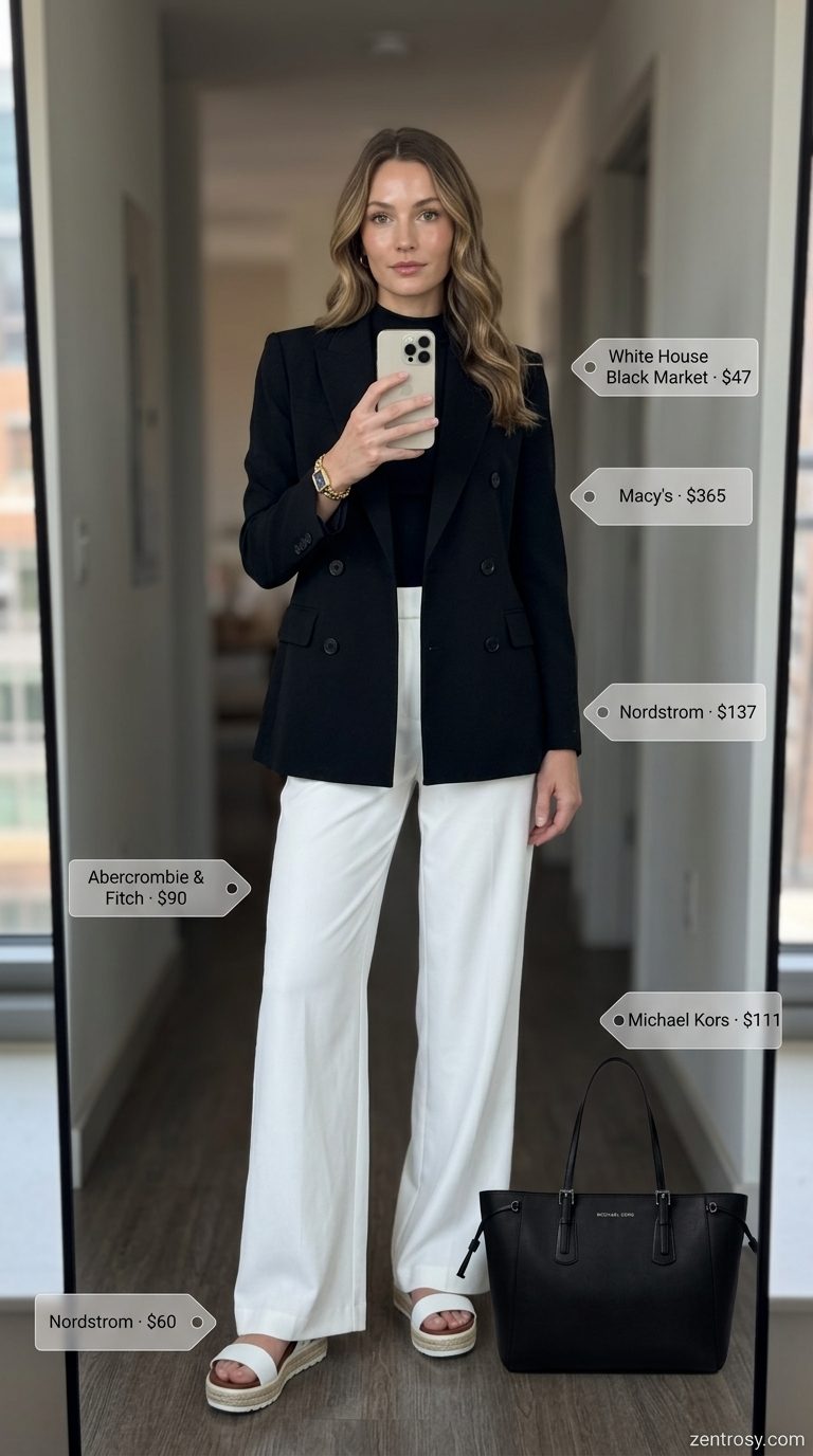 Chic NYC Summer Outfits for Women 2026: Power Lunch Style Chic NYC summer outfit for women 2026: Cream wide-leg trousers, black mock neck top, and cream blazer for a power lunch.
