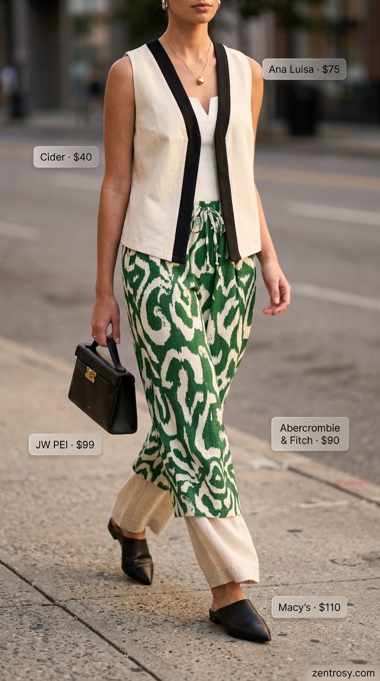 Chic NYC Summer Outfits for Women 2026: Power Brunch Sophisticated NYC summer outfit: Cream wide-leg trousers, vest, black mules for power brunch.